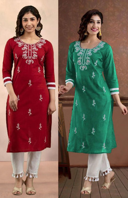SISTO Women Chikan Embroidery Straight Kurta(Multicolor)