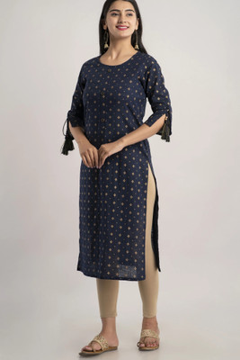 Rangrez Women Solid, Printed Straight Kurta(Dark Blue)