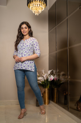 Andheriyas Women Printed Straight Kurta(Purple, White)