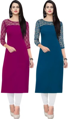 HIALTO Women Solid Straight Kurta(Purple, Light Blue)