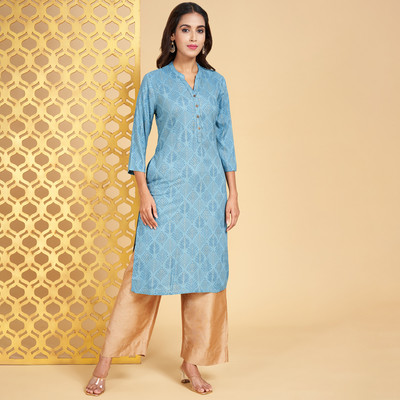 Rangmanch by Pantaloons Women Printed Straight Kurta(Blue)