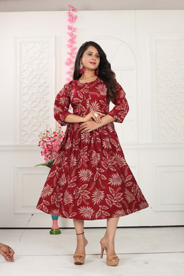 PickALook Women Floral Print Straight Kurta(Maroon)