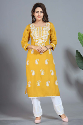 TattvaLoom Women Chikan Embroidery Straight Kurta(Yellow)