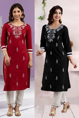 vikshi Women Chikan Embroidery Straight Kurta(Multicolor)