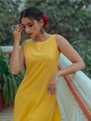 GDL Women Printed A-line Kurta(Yellow)