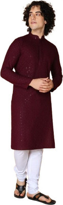 Hayanenterprise Men Chikan Embroidery A-line Kurta(Maroon)