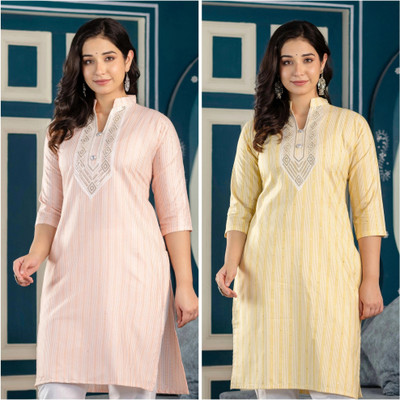 ATTIREGURU Women Embroidered Straight Kurta(Yellow, Beige)