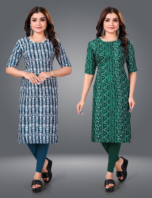 MOBHISA Women Printed Straight Kurta(Green)