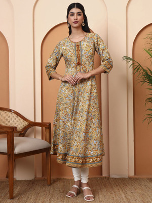Yash Gallery Women Floral Print Anarkali Kurta(Beige)