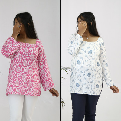 aanzri Women Paisley, Geometric Print Tunic Kurta(Pink, Blue)