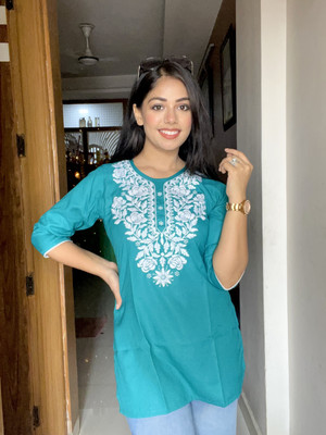 Weathrcreations Women Embroidered Straight Kurta(Light Blue)