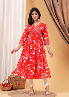 Light Daisy Women Printed A-line Kurta(Red)
