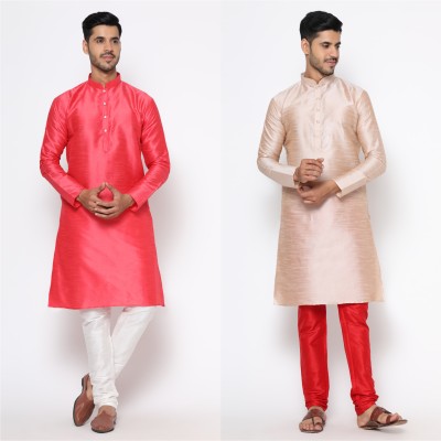 VAMSEE Men Solid Straight Kurta(Red, Gold)