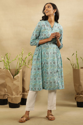 W Women Floral Print A-line Kurta(Green, Grey, Light Blue)