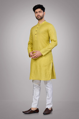 JUGG JUGG JEEYO Men Self Design Straight Kurta(Yellow)