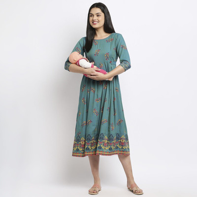 TRUE SHAPE Women Printed Flared Kurta(Dark Green)