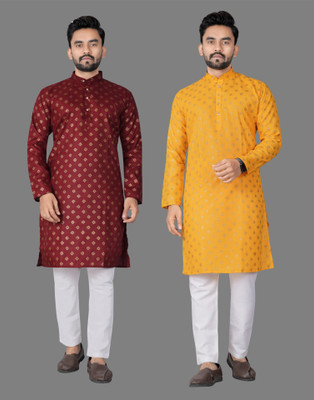 DHASU TRENDZ Men Printed Straight Kurta(Yellow, Maroon)