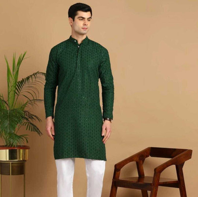 COLLARLINE Men Embroidered Straight Kurta(Green)