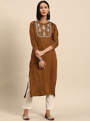 all about you Women Embroidered Straight Kurta(Brown)