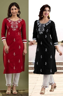 SISTO Women Chikan Embroidery Straight Kurta(Black, Maroon)
