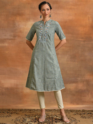 ANOUK Women Embroidered A-line Kurta(Grey)