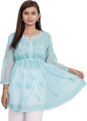 INDICRAFT Women Self Design Straight Kurta(Light Blue)