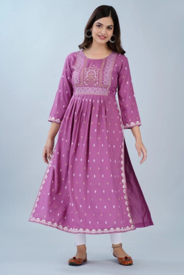 BALIYE Women Embroidered A-line Kurta(White, Beige, Purple)