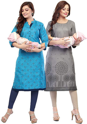 HouseOfCommon Women Printed Straight Kurta(Blue, Grey)