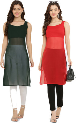 VESICLE Women Solid A-line Kurta(Green, Red)