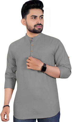 Apektra Men Solid A-line Kurta(Grey)