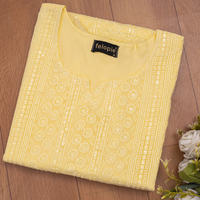 Umoly Women Chikan Embroidery Straight Kurta(Yellow)