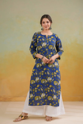 VRVastra Women Floral Print Straight Kurta(Blue)