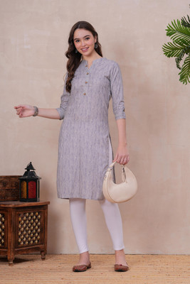 Oh Mi Dios Women Striped Straight Kurta(Grey)