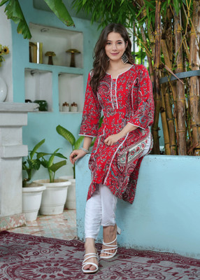 TRUE WORLD Women Printed Pakistani Kurta(Red)