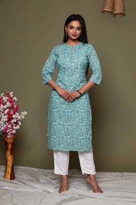 kiwiFab Women Printed Straight Kurta(Light Blue, Brown)