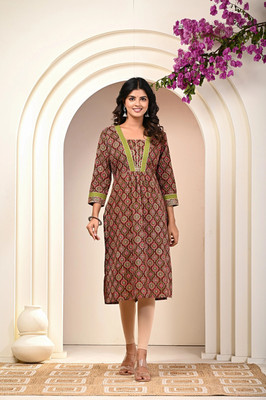 Kannahi Women Floral Print Straight Kurta(Brown)