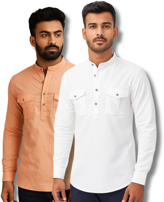 GOD HEART Men Solid Straight Kurta(Orange, White)