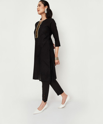MAX Women Embroidered Straight Kurta(Black)