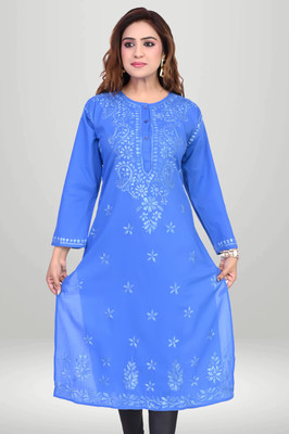 Virtuore Women Embroidered A-line Kurta(Light Blue)
