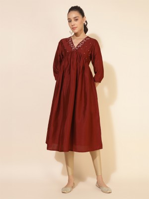 Janasya Women Embellished, Solid, Embroidered A-line Kurta(Maroon)