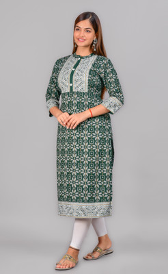 NEW4U Women Printed Straight Kurta(Green)