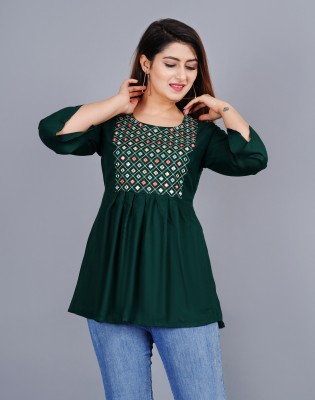 LH HANDICRAFTS Women Embroidered Flared Kurta(Dark Green)