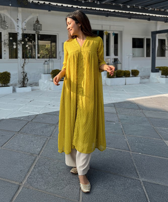 Janasya Women Self Design Flared Kurta(Yellow)