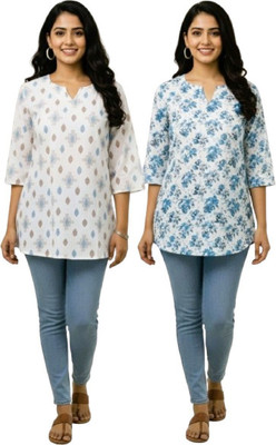 taj unique collection Women Floral Print, Geometric Print Straight Kurta(Blue, White)