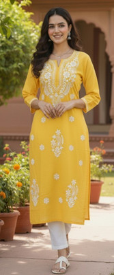 ChikankariArts Women Chikan Embroidery, Embroidered Straight Kurta(Yellow)