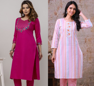 AUZAAI COLLECTION Women Embroidered, Striped Straight Kurta(Pink)