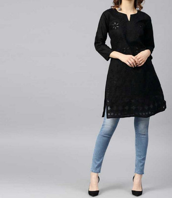 Quds Women Chikan Embroidery Straight Kurta(Black)