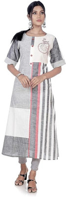 Kerguelen Women Solid, Woven Design, Embroidered A-line Kurta(Grey)