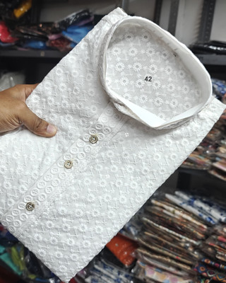 StyleVault Men Embroidered A-line Kurta(White)