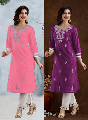 vikshi Women Chikan Embroidery Straight Kurta(Multicolor)
